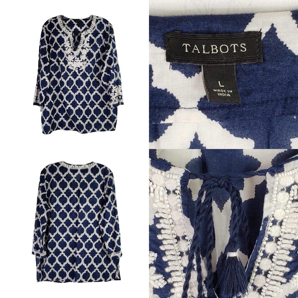 Talbots Top Women’s Large Blue White Embroidered Long Sleeve Resort